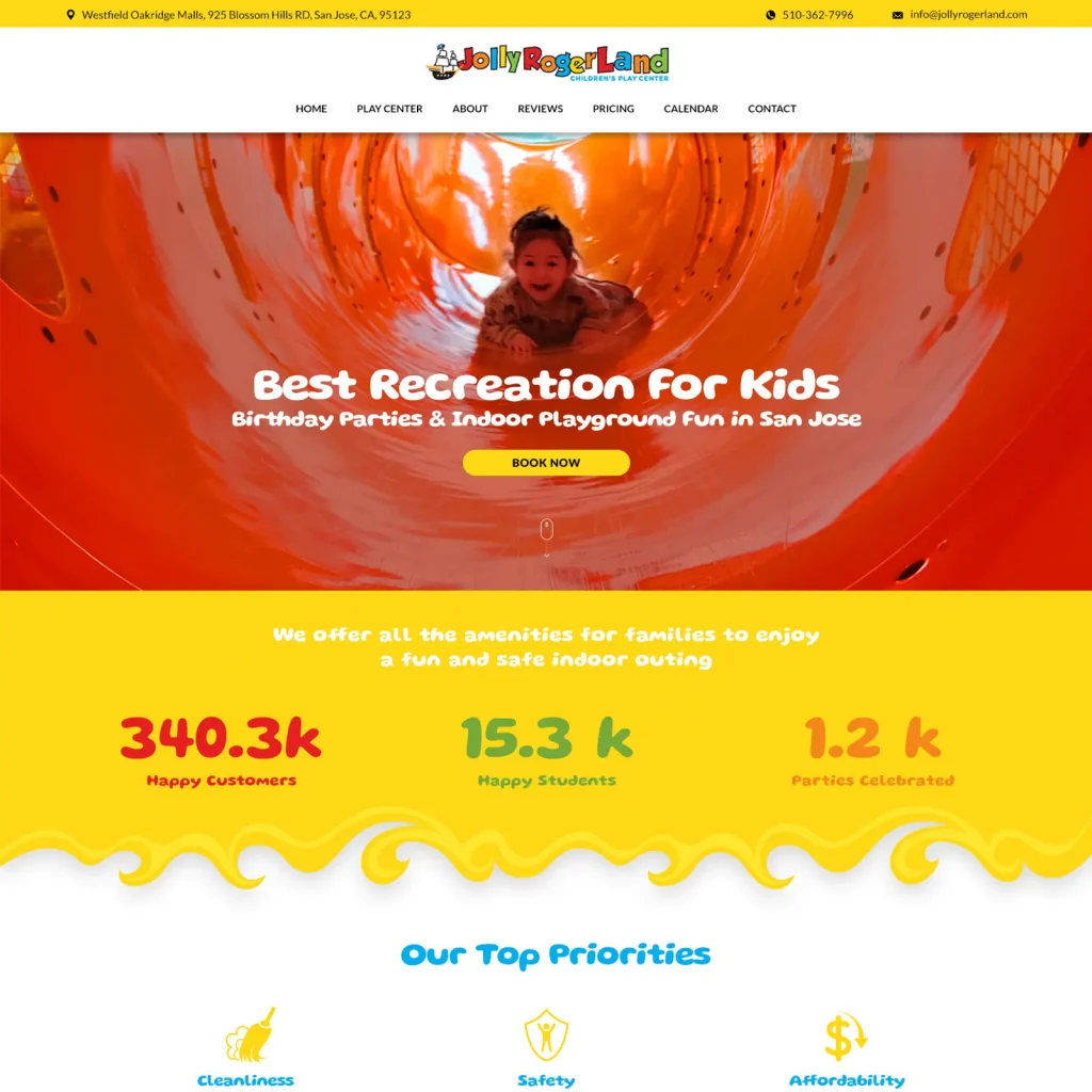 Lively playful Custom Wix website design & development for the kids indoor play place JollyRogerLand in Sanjose California by DesignCuckoos