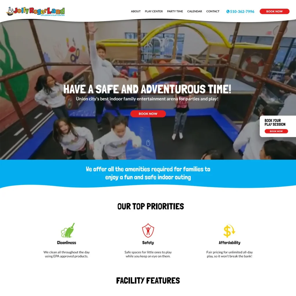 Lively playful Custom Wix website design & development for the kids indoor play place JollyRogerLand in Union City by DesignCuckoos